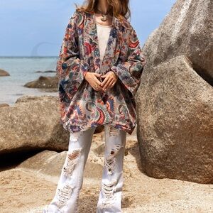 Zinnia Pearl gray velvet bohemian floral kimono cardigan